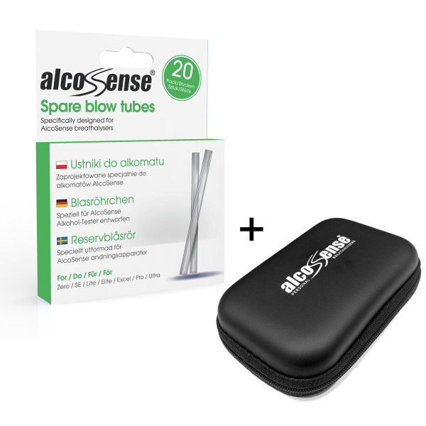 AlcoSense Pro and Ultra Carry Case, 2 mouthpieces fit next to the AlcoSense unit.